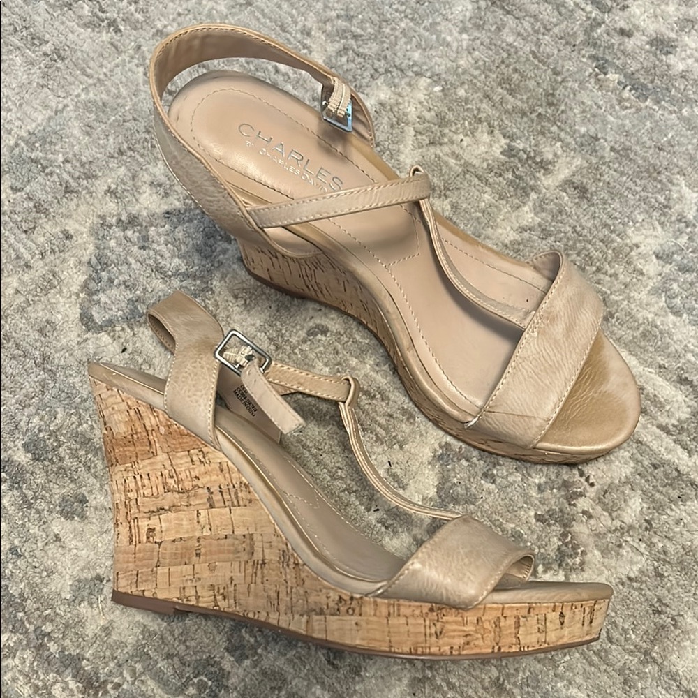 Charles by Charles David Cream Wedge Sandals with Cork Platform